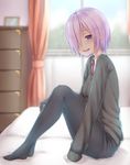  black_legwear black_sweater blurry blush curtains day depth_of_field fang fate/grand_order fate_(series) from_side hair_over_one_eye highres indoors knees_up looking_at_viewer mash_kyrielight necktie no_shoes on_bed open_mouth pantyhose purple_eyes purple_hair red_neckwear reinama room short_hair shorts sitting solo sweater window wing_collar 
