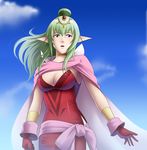  breasts cape chiki chiki_(fire_emblem) cleavage fire_emblem fire_emblem:_kakusei gloves green_eyes green_hair hair_ornament long_hair medium_breasts open_mouth pointy_ears thor_(deep_rising) 