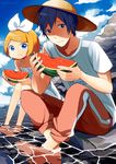  1girl barefoot beach blonde_hair blue_eyes blue_hair bow cloud commentary day eating food fruit hair_ornament hairclip hat holding holding_food holding_fruit kagamine_rin kaito looking_at_viewer nokuhashi outdoors pants pants_rolled_up rock shirt short_hair sitting sky soaking_feet summer sun_hat track_pants vocaloid water watermelon 