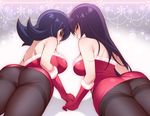  ass bare_shoulders black_hair black_legwear blush breasts fur_trim gloves hizuki_akira large_breasts long_hair looking_at_viewer looking_back md5_mismatch multiple_girls natsume_(pokemon) pantyhose pokemon pokemon_(game) pokemon_frlg pokemon_hgss purple_hair red_eyes red_gloves resized thighband_pantyhose upscaled 