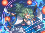 armpits bad_id bad_pixiv_id blue_background blue_eyes blue_skirt bridal_gauntlets collared_shirt danmaku detached_sleeves frilled_skirt frills frog_hair_ornament gohei green_hair hair_ornament highres kochiya_sanae long_hair open_mouth outstretched_arms shaded_face shirt skirt smile snake_hair_ornament solo tassel touhou upper_body white_shirt wide_sleeves yai_(hachihito) 