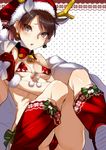  antlers ass bare_shoulders bikini black_eyes blush boots breasts brown_hair cameltoe christmas covered_nipples earrings gloves hat highres jewelry kantai_collection red_bikini red_footwear red_gloves reindeer_antlers sack santa_hat shikinami_(kantai_collection) short_hair small_breasts solo swimsuit ze_(sawakihein) 