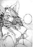  ahri animal_ears bare_shoulders breasts dmdkrxmrrmq facial_mark greyscale korean_clothes large_breasts league_of_legends lips long_hair messy_hair monochrome solo traditional_media whisker_markings 