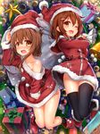  bangs bell black_legwear blush boots brown_eyes brown_hair capelet christmas_ornaments collarbone commentary dress fang folded_ponytail full-face_blush fur_trim gift hair_between_eyes hair_ornament hairclip hand_on_headwear hat holding ikazuchi_(kantai_collection) inazuma_(kantai_collection) kantai_collection kneehighs looking_at_viewer multiple_girls off_shoulder one_eye_closed open_mouth red_dress sack santa_costume santa_hat star thighhighs thighs wavy_mouth yuuki_yuu 