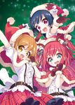  :d antlers arm_up bangs belt black_gloves blue_eyes blue_hair bow brown_hair capelet center_frills christmas clenched_hands flower frilled_sleeves frills fur-trimmed_capelet fur_trim gloves hair_bow hairband hat jingle_bells_ga_tomaranai kunikida_hanamaru kurosawa_ruby long_hair looking_at_viewer love_live! love_live!_sunshine!! multiple_girls open_mouth outstretched_hand purple_eyes red_hair reindeer_antlers santa_hat sash short_sleeves skirt smile sparkle striped striped_bow suspenders tamanaga_haru tsushima_yoshiko two_side_up w yellow_eyes 