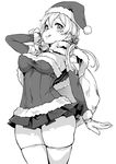  :q anchor_hair_ornament asanagi breasts detached_sleeves gloves greyscale hair_ornament hat iron_cross kantai_collection low_twintails medium_breasts microskirt monochrome prinz_eugen_(kantai_collection) santa_costume santa_hat skirt solo stole thighhighs tongue tongue_out twintails 