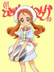  apron blue_dress bow brown_hair character_name cnove cowboy_shot dress flower hat kirakira_patisserie_uniform kirakira_precure_a_la_mode long_hair looking_at_viewer pink_bow precure puffy_sleeves red_eyes smile solo tray twintails usami_ichika white_hat yellow_background 