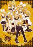  blonde_hair blue_eyes blush bow cardigan child crying glasses hair_bow hair_ornament hair_ribbon hairclip headset holding_hands hug kagamine_rin kagamine_rin_(append) lap_pillow long_hair multiple_girls multiple_persona older one_side_up pleated_skirt ponytail ribbon sailor_collar school_uniform short_hair shorts sitting skirt sleeping smile tears thighhighs time_paradox vocaloid vocaloid_append x_hair_ornament yellow_background yoshiki younger 