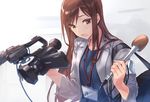  bag brown_eyes brown_hair camcorder holding holding_microphone ichikei id_card long_hair microphone name_tag open_mouth original solo 