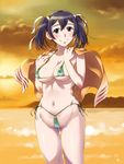  ass_visible_through_thighs bikini black_eyes blue_hair blush breasts cameltoe closed_mouth cloud collarbone covered_nipples green_bikini groin hair_between_eyes hair_ribbon halterneck head_tilt holding holding_towel kantai_collection looking_at_viewer medium_breasts micro_bikini navel outdoors ribbon sameha_ikuya side-tie_bikini sky smile solo souryuu_(kantai_collection) standing strap_gap sun sunset swimsuit towel twintails water white_ribbon 