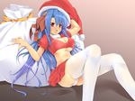  blue_hair breasts cleavage covered_nipples crop_top fct hat long_hair medium_breasts panties red_eyes rocbouquet_(saga) romancing_saga saga santa_hat sitting solo thighhighs underboob underwear white_panties 