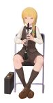  1girl alternate_costume alternate_hairstyle black_legwear black_neckwear black_shorts black_vest blonde_hair bow bowtie braid brown_footwear case chair check_instrument clarinet crossed_ankles full_body green_bow highres instrument jq kirisame_marisa kneehighs long_hair long_sleeves looking_at_viewer music on_chair playing_instrument shirt shoes shorts simple_background single_braid sitting solo touhou vest white_background white_shirt yellow_eyes 