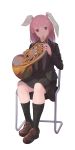  1girl alternate_costume animal_ears black_jacket black_legwear black_neckwear black_skirt brown_footwear bunny_ears chair check_instrument french_horn full_body grey_shirt instrument jacket jq loafers long_hair long_sleeves looking_at_viewer music necktie on_chair playing_instrument red_eyes reisen_udongein_inaba shirt shoes simple_background sitting skirt socks solo touhou white_background 