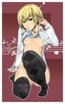  argyle argyle_legwear bad_id bad_pixiv_id blonde_hair bottomless breasts convenient_leg cross dress_shirt highres jewelry kon_futaba medium_breasts nagashii_kouhei necklace nipples open_clothes open_shirt shirt shirt_lift short_hair solo soredemo_machi_wa_mawatteiru thighhighs 