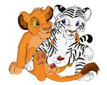  brown_eyes cub disney feline feral feral_on_feral gay lion male mammal plain_background purple_eyes sex simba the_lion_king tiger unknown_artist white_background white_tiger young 