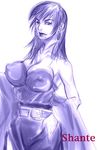  arc_the_lad arc_the_lad_ii artist_request bare_shoulders belt breasts character_name covered_nipples earrings hand_on_hip jewelry large_breasts lipstick long_hair makeup mole mole_under_mouth monochrome purple shante_(arc_the_lad) solo 