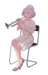  1girl alternate_costume backlighting chair contemporary dress full_body hat instrument jq looking_away merlin_prismriver music no_socks on_chair playing_instrument purple_eyes purple_footwear purple_hair shoes short_hair short_sleeves simple_background sitting solo touhou trumpet white_background white_dress white_hat 