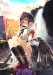  armband bangs bird_wings black_hair black_legwear black_neckwear black_ribbon black_skirt black_wings blush breasts collaboration commentary_request cover cover_page doujin_cover feathered_wings frilled_skirt frills geta hat himekaidou_hatate kamukamu_(ars) ken_(coffee_michikusa) leaf-pattern_stripe looking_at_viewer medium_breasts multiple_girls neck_ribbon nose_blush parted_lips pointy_ears puffy_short_sleeves puffy_sleeves red_eyes ribbon shameimaru_aya shirt short_hair short_sleeves skirt socks solo_focus squatting tengu-geta tokin_hat touhou water waterfall white_shirt wings 