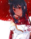  bare_shoulders black_hair breasts detached_sleeves eyebrows_visible_through_hair floral_print hair_between_eyes hair_ornament japanese_clothes kantai_collection large_breasts long_sleeves looking_at_viewer miko momoiro open_mouth parasol red_eyes remodel_(kantai_collection) scarf solo umbrella white_background wide_sleeves yamashiro_(kantai_collection) 