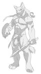  abs anthro arm_wraps balls canine clothed clothing frown full-length_portrait half-erect holding_object holding_weapon humanoid_penis ineffective_clothing loincloth male mammal monochrome muscular nipples pecs penis portrait sketch solo spacedog standing topless uncut warrior weapon wolf wraps 