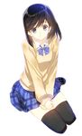  black_hair black_legwear blue_eyes bow bowtie image_sample looking_at_viewer nakamura_takeshi original pleated_skirt school_uniform shoes short_hair simple_background sitting skirt smile solo sweater thighhighs twitter_sample white_background zettai_ryouiki 