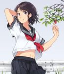  arm_up belly_peek black_hair black_skirt branch commentary_request grey_background grey_eyes hand_in_hair hand_up leaf looking_at_viewer maruhana navel neckerchief original pleated_skirt railing school_uniform serafuku short_hair skirt solo wind wind_lift 