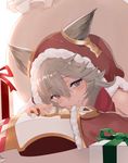  animal_ears asyde box cat_ears christmas claw_(weapon) commentary_request ears_through_headwear erune fur_trim gift gift_box granblue_fantasy grey_hair highres hood looking_at_viewer sen_(granblue_fantasy) smile solo weapon 