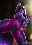  1girl akiru anal_object_insertion anus artist_name blue_hair blue_skin bodysuit breasts censored crotch_cutout gradient_background head_mounted_display long_hair nipples overwatch parted_lips pubic_hair pussy solo torn_clothes web_address widowmaker_(overwatch) yellow_eyes 