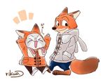 canine clothed clothing coat cosplay cute disney duo female fox fur grey_fur happy jacket judy_hopps lagomorph male mammal nick_wilde open_mouth pants predator/prey rabbit size_difference smile text unknown_artist zootopia 