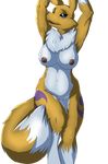  2016 alpha_channel anthro arms_above_head big_breasts breasts canine chest_tuft digimon digital_media_(artwork) domino_(artist) fangs female front_view fur looking_at_viewer mammal markings multicolored_fur navel nipples nude open_mouth pussy renamon simple_background solo standing teeth transparent_background tuft two_tone_fur white_fur yellow_fur 