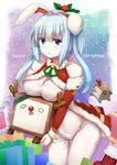  animal_ears bangs bare_shoulders blue_eyes blue_hair bodysuit breast_rest breasts bunny_ears candy candy_cane christmas cleavage commentary_request cowboy_shot detached_sleeves eyebrows_visible_through_hair food fur_trim gift hair_ornament halterneck highres holding large_breasts long_hair looking_at_viewer merry_christmas original pale_skin parted_lips reindeer santa_costume snow solo sorano_(12gou) thighs twintails 