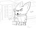  2016 canine clothed clothing coat disney door fennec finnick fox fur glass half-closed_eyes humor jacket knight_(artist) looking_at_viewer male mammal size_difference street window zootopia 