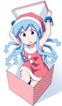  :o alternate_costume anbe_masahiro armpits arms_up blue_hair box bracelet christmas from_above gift gift_box hat ikamusume in_box in_container jewelry looking_at_viewer santa_costume santa_hat shinryaku!_ikamusume simple_background sleeveless solo tentacle_hair white_background 