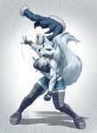  anthro armpits black_nose canine clothed clothing collar female fingerless_gloves fur gloves looking_at_viewer mammal mykegreywolf navel simple_background solo standing white_background white_fur wolf yellow_eyes 