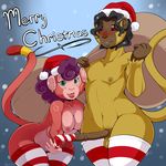  2016 anthro areola balls bent_over black_hair blue_background blue_eyes breasts brown_fur brown_nipples christmas condom duo ear_piercing english_text female fur hair hat holidays long_hair long_penis looking_at_viewer male male/female mammal monkey mostly_nude nan_(nightfaux) nightfaux nipple_piercing nipples penis piercing pink_fur pink_nipples primate purple_hair raised_tail red_eyes sack signature simple_background smile stripes text wide_hips 