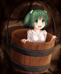  :d brick_wall bucket eyebrows_visible_through_hair fang green_eyes green_hair hair_bobbles hair_ornament highres in_bucket in_container japanese_clothes kimono kisume looking_at_viewer nicoemon2 open_mouth shadow short_hair smile solo touhou twintails v-shaped_eyebrows white_kimono wooden_bucket 