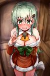  :d absurdres ascot blurry blush breasts christmas cleavage depth_of_field detached_sleeves dress green_eyes green_hair hair_ornament hairclip highres kantai_collection large_breasts long_hair looking_at_viewer md5_mismatch okitsugu open_mouth red_dress resized sack santa_costume smile solo suzuya_(kantai_collection) sweat upscaled waving wavy_mouth 