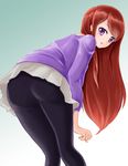  1girl aikatsu! ass bent_over blush casual embarrassed leaning leaning_forward long_hair looking_back panties panties_under_pantyhose pantyhose pantylines parted_lips purple_eyes purple_shirt red_hair shibuki_ran shiny shiny_hair skirt solo sweatdrop very_long_hair yappy 