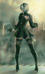  back_cutout black_dress black_footwear black_gloves black_legwear blindfold boots covered_eyes dress fingerless_gloves full_body gloves headband heart_cutout high_heels highres holding holding_sword holding_weapon long_sleeves nier_(series) nier_automata outdoors profile quest_(artist) short_hair silver_hair solo sword thigh_boots thighhighs thighhighs_under_boots weapon yorha_no._2_type_b zettai_ryouiki 