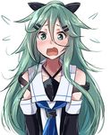  aqua_eyes aqua_hair black_ribbon blue_neckwear blush commentary_request detached_sleeves flying_sweatdrops green_hair hair_between_eyes hair_ornament hair_ribbon hairclip kantai_collection long_hair looking_at_viewer neckerchief nose_blush open_mouth ponytail ribbon school_uniform serafuku sidelocks solo tai_(nazutai) upper_body very_long_hair yamakaze_(kantai_collection) 