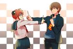  1girl blue_eyes brown_eyes brown_hair bun_cover gintama glasses index_finger_raised kagura_(gintama) kazuya0810 koi_dance looking_at_another neckerchief okita_sougo orange_hair school_uniform serafuku short_hair smile 