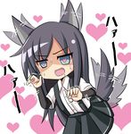  animal_ears arm_warmers asashio_(kantai_collection) black_hair blue_eyes blush commentary dog_ears dog_tail drooling ear_wiggle heart heart-shaped_pupils highres kantai_collection kemonomimi_mode long_hair open_mouth skirt smile solo suspenders sweat symbol-shaped_pupils tail tail_wagging tamayan 