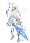  absurdres blue_eyes boots dress full_body hair_ornament highres holding holding_sword holding_weapon left-handed long_hair long_sleeves looking_at_viewer myrtenaster ponytail rwby scar scar_across_eye solo standing sword weapon weiss_schnee white_background white_dress white_footwear white_hair wide_sleeves yutapon 