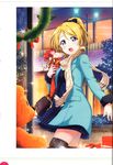  absurdres artist_request ayase_eli bag blonde_hair blue_eyes christmas_lights christmas_ornaments coat detached_sleeves dress hair_ornament highres holding love_live! love_live!_school_idol_festival love_live!_school_idol_project non-web_source official_art open_mouth outdoors ponytail ribbon scan scarf short_dress solo striped stuffed_animal stuffed_toy teddy_bear vertical-striped_dress vertical_stripes winter_clothes winter_coat 