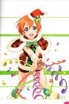  :d absurdres artist_request blush capelet confetti december fur_trim green_eyes hat highres holding hoshizora_rin looking_at_viewer love_live! love_live!_school_idol_festival love_live!_school_idol_project multicolored multicolored_clothes multicolored_legwear non-web_source official_art open_mouth orange_hair polka_dot polka_dot_legwear ribbon santa_hat scan short_hair shorts simple_background smile solo two-tone_legwear 