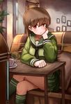  :/ absurdres brown_eyes brown_hair cafe chin_rest couch crossed_legs cup green_legwear head_rest highres jukebox kantai_collection kneehighs long_hair looking_at_viewer okitsugu ooi_(kantai_collection) pleated_skirt revision school_uniform serafuku skirt solo table tea teacup thighs 