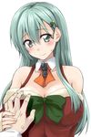  bare_shoulders blush breast_grab breasts christmas christmas_tree_hair_ornament cleavage commentary grabbing green_eyes green_hair guided_breast_grab hair_ornament kantai_collection large_breasts long_hair looking_at_viewer mikagami_sou pov ribbon santa_costume sleeves_past_wrists smile solo_focus suzuya_(kantai_collection) sweatdrop 