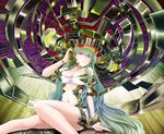  ak2 bandeau bangs bare_shoulders breasts cleavage green_hair headphones highres long_hair mecha_musume medium_breasts navel neon_trim original purple_eyes sitting solo surreal very_long_hair 