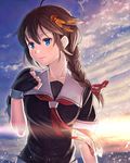  ahoge black_serafuku blue_eyes braid brown_hair cloud cloudy_sky collarbone fingerless_gloves gloves hair_flaps hair_ornament hand_on_own_chest itou_(onsoku_tassha) kantai_collection lens_flare light_particles looking_to_the_side necktie outdoors pensive remodel_(kantai_collection) school_uniform serafuku shigure_(kantai_collection) single_braid sky solo twilight upper_body wind 