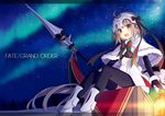 :d ahoge aurora black_gloves black_legwear brown_eyes capelet commentary_request elbow_gloves fate/grand_order fate_(series) gloves headwear holding jeanne_d'arc_(fate)_(all) jeanne_d'arc_alter_santa_lily long_hair looking_at_viewer night night_sky open_mouth polearm silver_hair sitting sky smile solo spear star_(sky) starry_sky thighhighs very_long_hair weapon yashiro_seika 